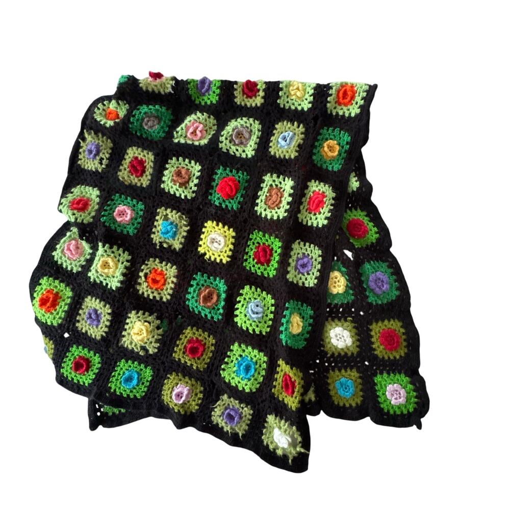 Vintage Handmade Granny Square Afghan Crochet Blanket 3D Rose 80’’ x 27’’